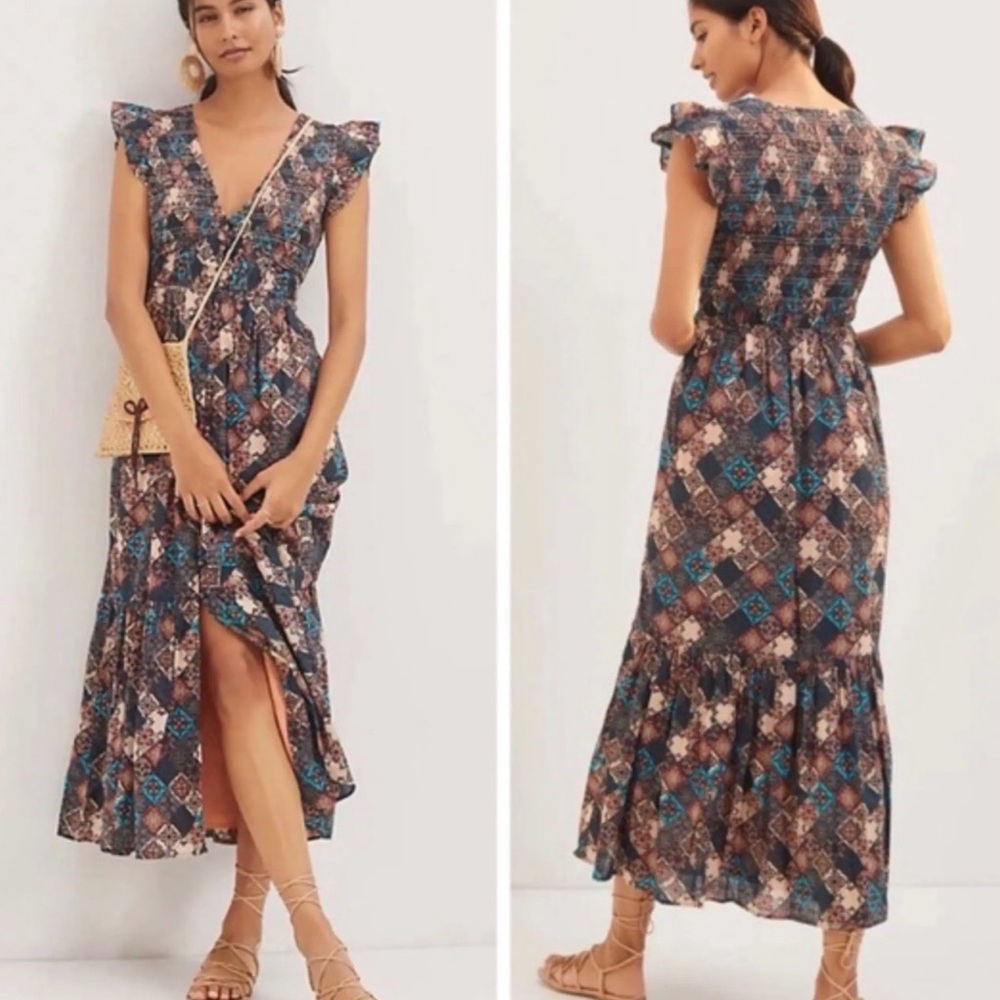Anthropologie Blue and Brown Geometric Midi Dress